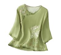 Chemisier Femme Lin Coton Col Mandarin Manches 3/4 Brodé Fleurs Style Chinois Éthique Vintage Haut Confortable pour Quotidien et Sortie Décontractée(Green, XL)