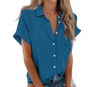 Chemisier Femme Manche Courte, Chemise Femme Chic et Élégant Casual Chemisier Confortable T-Shirt Baggy Tops Manche Courte Blouse Ample Col V Boutons Pas Cher Chemise Longue Femme,Bleu Royal,M