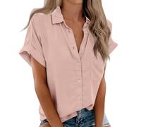 Chemisier Femme Manche Courte, Chemise Femme Chic et Élégant Casual Chemisier Confortable T-Shirt Baggy Tops Manche Courte Blouse Ample Col V Boutons Pas Cher Cadeau Femme,Rose #1,L
