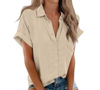 Chemisier Femme Manche Courte, Chemise Femme Chic et Élégant Casual Chemisier Confortable T-Shirt Baggy Tops Manche Courte Blouse Ample Col V Boutons Pas Cher Chemisiers Fille,Kaki,XXL