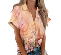 Chemisier Femme Manche Courte, Chemise Femme Chic et Élégant Casual Chemisier Confortable T-Shirt Baggy Tops Manche Courte Blouse Ample Col V Boutons Pas Cher Chemisiers Fille,Pastèque Rouge,M