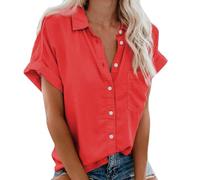 Chemisier Femme Manche Courte Col V Revers Chemise Lin Femme Été Couleur Unie Élégant T-Shirt AVCE Boutons Chemisiers Poche Casual Chic Blouse Tops Tunique Business Solide