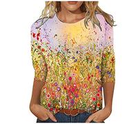 Chemisier Femme Manches 3/4 Tee Shirt Imprimé Fleurs Tshirt ÉLégant Col Rond T-Shirt Mode Chic Blouse T Shirt Léger et Respirant Tunique Haut