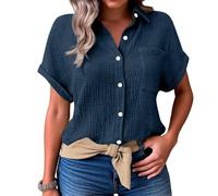 Chemisier Femme Manches Courtes Col V Boutons et Poches Chemise Gaze de Coton Blouse Femme Chic et élégant Tunique Lin Grande Taille Lâche Respirant Haut Ete, Marine, XL