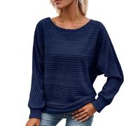 Chemisier Femme Manches Longues en Tricot Doux Col Rond Pull Décontracté à Motifs Côtes pour Tenue Quotidienne