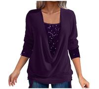 Chemisier Femme Paillettes Strass, Tee Shirt Manche Longue Femme Sexy,Haut Femme Faux Deux Pièces Ample Tops Smocks et Col en U à Sequins Tuniques Manche Longue Chic Et éLéGant Irrégulier Blouses