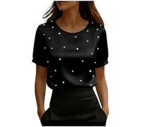 Chemisier Femme Satin Manche Courte Col Rond Blouse Satinée Incrusté De Perles Chic et Élégant Blouses Haut Mode Unie Chemise Tunique Soie Shirts Ample Grande Taille Shirt De Travail Business