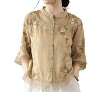 Chemisier Femme Style Chinois Brodé Coton Lin - Vintage Manches 3/4 Boutonné Chemise Inspirée Zen Tunique d'été Casual Hanfu Top pour le Quotidien Cérémonie du Thé, kaki, XL