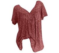 Chemisier Femme T-shirt d'été Grande Taille T-shirt Décontracté Imprimé Floral Manches Courtes Hauts d'été avec Col en V Patchwork Plissé Hauts Amples All-Match Tunique Chemisier T-shirt pour Femmes S