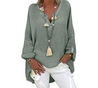 Chemisier Femme Tunique Femme Chic d'été Top en Lin pour Haut Col en V Grande élégant Chemise à Manches Longues en Lin et Coton Chemise imprimée (Vert, M)