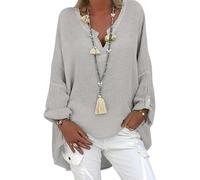 Chemisier Femme Tunique Femme Chic d'été Top en Lin pour Haut Col en V Grande élégant Chemise à Manches Longues en Lin et Coton Chemise imprimée (Gris, M)