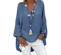 Chemisier Femme Tunique Femme Chic d'été Top en Lin pour Haut Col en V Grande élégant Chemise à Manches Longues en Lin et Coton Chemise imprimée (Bleu Foncé, M)