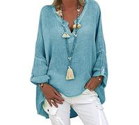Chemisier Femme Tunique Femme Chic d'été Top en Lin pour Haut Col en V Grande élégant Chemise à Manches Longues en Lin et Coton Chemise imprimée (Bleu, M)