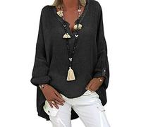 Chemisier Femme Tunique Femme Chic d'été Top en Lin pour Haut Col en V Grande élégant Chemise à Manches Longues en Lin et Coton Chemise imprimée (Noir, M)