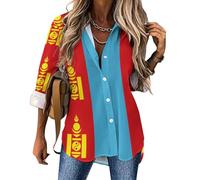 Chemisier Femme Vêtements Patriotiques, Elégant Col en V Manches Longues Imprimé Drapeau De La Mongolie Blouse avec Boutons Chemise Travail Bureau Tunique Shirt Haut Top