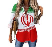 Chemisier Femme Vêtements Patriotiques, Elégant Col en V Manches Longues Imprimé Drapeau De L'Iran Blouse avec Boutons Chemise Travail Bureau Tunique Shirt Haut Top