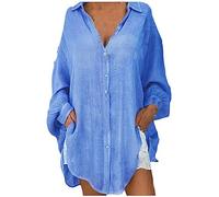 Chemisier Femmes en Coton Lin à Manches Longues Décontracté Couleur Unie Blouse Ample Printemps Eté Tunique Femme Col en V Casual Bouton Hauts LâChe et Respirant T-Shirts Grande Taille Pas Cher