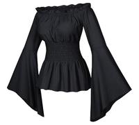 Chemisier gothique de la Renaissance pour femmes à manches évasées avec volants et épaules dénudées - Haut corset médiéval victorien pour costumade - Chemise de pirate, blanc