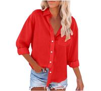 Chemisier Lin Femme Chic et élégant Hauts à Revers avec Boutonné Couleur Unie T-Shirts Coton Lin Manches Longues avec Poches Cardigan à Boutons Leger Respirant Blouse Décontracté Tops