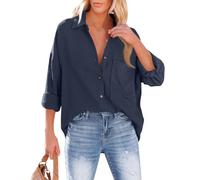 Chemisier Lin Femme Manches Longues Col V Boutons et Poches Chemise Gaze de Coton Blouse Femme Chic et élégant Tunique Lin Grande Taille Lâche Respirant Haut Ete, Marine, XXL