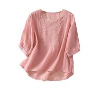 Chemisier Lin Rétro Brodée pour Femmes T-Shirts Manches 3/4 Coton et Lin Blouse Couleur Unie Col en V Décontracté Chemisier D'été Automne Travail de Bureau Ample et Mince Pas Cher Casual Lâche