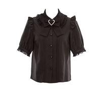 Chemisier Lolita en dentelle à manches courtes bouffantes et col claudine gothique kawaii vintage à volants avec nœud, Noir, 3XL