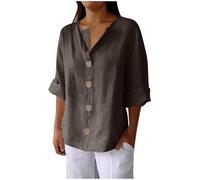 Chemisier long à manches 3/4 en coton et lin avec col en V cranté pour femme, chemises Henley amples grande taille avec bouton sur le devant Détails Mes commandes