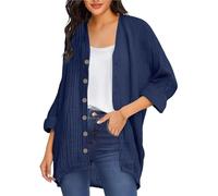 Chemisier long à manches longues pour femme - Chemise en coton boutonnée - Manches 3/4 - Chemisier long boutonné - Chemise en coton pour femme, 01 Bleu marine, M