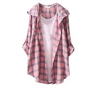 Chemisier long boutonné en lin pour femme - Veste longue d'été longue avec boutonnière - Léger et élégant - Grande taille - Veste à carreaux vintage à carreaux, Z-rose, L