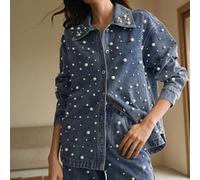 Chemisier long en denim à boutons moderne, élégant et tendance, décoré de perles et de strass, tenue du Nouvel An pour femmes L,M,S,XLUnicoloreJean