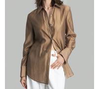 Chemisier marron unicolore printemps et été 2026 pour femmes, chemise ample à manches longues avec col rabattu, tenue urbaine chic et élégante pour le bureau, l'enseignement, les vacances, chemise pol