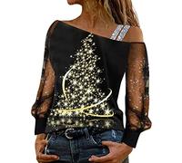 Chemisier Noel Femme Chic Sexy Brillantes Paillettes Haut Épaules Dénudées Imprimé Noel T-Shirt Femme Chic Et élégant Pull Élégant Blouse Loose Mode Mesh Transparent Hauts Cadeau Noel Sexy