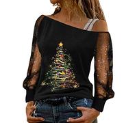 Chemisier Noel Femme Chic Sexy Brillantes Paillettes Haut Épaules Dénudées Imprimé Noel T-Shirt Femme Chic Et élégant Pull Élégant Blouse Loose Mode Mesh Transparent Hauts Cadeau Noel Chemisier