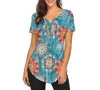 Chemisier plissé à manches courtes et col en V pour femme Imprimé floral - bleu - Taille XL