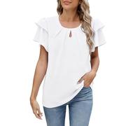 Chemisier pour femme avec manches à ailes et col en forme de serrure - T-shirt ample à manches courtes pour l'été et le bureau - Haut élégant de couleur unie, Style_s01 Blanc, M