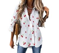 Chemisier pour Femme Cerise Mignonne Col en V Chemisier à Manches Longues avec Boutons Style Minimaliste Tunique Blouse Léger Décontractés Ample Blouse S-3XL