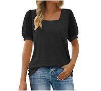 Chemisier pour femme - Élégant - Couleur unie - En coton - Manches courtes - Col carré - T-shirt basique - Tunique légère - T-shirt ample et confortable - Haut long pour femme - Tailles S à XXL, Noir
