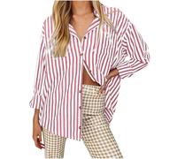 Chemisier pour femme - Imprimé à rayures - T-shirt à manches longues - Loisirs - Boutonnière - Coupe large - T-shirt à manches longues - Tunique respirante - Léger - Décontracté - Confortable, rouge,