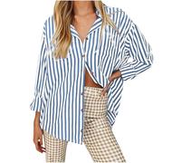 Chemisier pour femme - Imprimé à rayures - T-shirt à manches longues - Loisirs - Boutonnière - Coupe large - T-shirt à manches longues - Tunique respirante - Léger - Décontracté - Confortable, bleu, S
