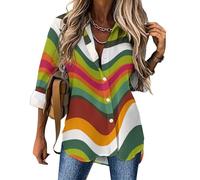 Chemisier pour Femme Style Rétro des Années 70 Blouse Manches Longues Rayures Ondulées Chemise Classique Boutonnée Shirt Top Élégant Casual Tunique Blouse S-3XL