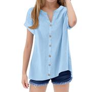 Chemisier rétro bohème à manches 3/4 et col en V pour fille - En coton - Motif floral - Plusieurs styles - Chemise unie à manches courtes - Élégant et mignon - Motif floral, Bleu clair-D., 12-13 ans