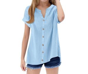 Chemisier rétro bohème à manches 3/4 et col en V pour fille - En coton - Motif floral - Plusieurs styles - Chemise unie à manches courtes - Élégant et mignon - Motif floral, Bleu clair-D., 12-13 ans