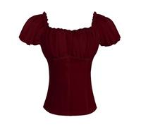 Chemisier traditionnel bavarois pour femme - Chemisier victorien rouge/noir - Corsage médiéval - Steampunk - Manches courtes - Vintage - Corset - Bustier - Mode traditionnelle - Costume de fête de la