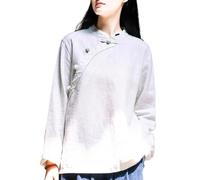 Chemisier Traditionnel Hanfu Pour Femmes Hauts Chinois De Style Ethnique Rétro Grande Taille Chemise Ample Et Décontractée En Coton Et Lin 2024 (Color : Gray, Size : M)