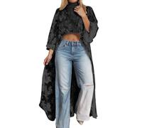 Chemisier transparent pour femme - Dentelle courte à l'avant et dos long - Haut décontracté - Floral Sheer High Low - Manches longues - Demi-col roulé - Coupe ample - Élégante couverture pour fête