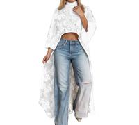 Chemisier transparent pour femme - Dentelle courte à l'avant et dos long - Haut décontracté - Floral Sheer High Low - Manches longues - Demi-col roulé - Coupe ample - Élégante couverture pour fête
