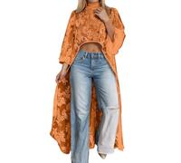 Chemisier transparent pour femme - Dentelle courte à l'avant et dos long - Haut décontracté - Floral Sheer High Low - Manches longues - Demi-col roulé - Coupe ample - Élégante couverture pour fête