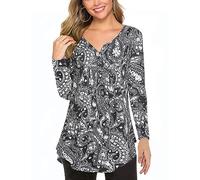 Chemisier tunique plissé à manches longues à col en V imprimé floral pour femme, Noir multi, L