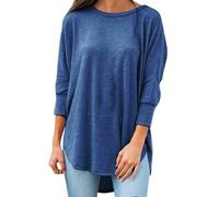 Chemisier uni à manches courtes pour femme - Col rond - Manches sept points - Couleur unie irrégulière - Pour la vie quotidienne - Cadeaux de Noël, bleu, 5XL