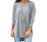 Chemisier uni à manches courtes pour femme - Col rond - Manches sept points - Couleur unie irrégulière - Pour la vie quotidienne - Cadeaux de Noël, gris, XL